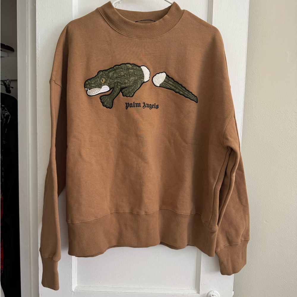 Palm Angels Brown Crewneck Sweatshirt with Crocodile Patch
